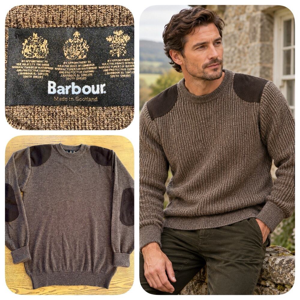 Barbour D1905 Sporting Sweater Mens M Brown P2P 42” Wool Scotland Elbow Patches